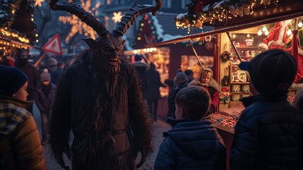 Naklejka premium Type: full shot, , Subject: Krampus frightening a group of children, Environment: festive Christmas market with candy stands and holiday decorations, Light: harsh, dramatic