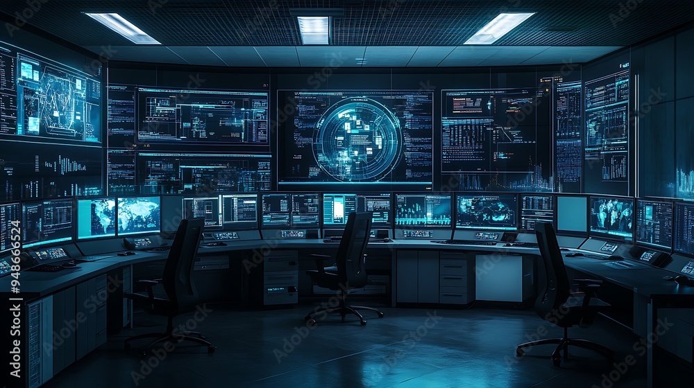 Poster high-tech cybersecurity control room with real-time data protection and encryption systems, secure a