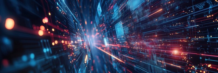 Fototapeta premium Futuristic digital data stream with dynamic light trails and circuit patterns