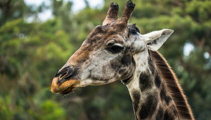 Fototapeta premium Giraffe face portrait, green trees on backdrop. Wild African animal. Safari park. Zoo concept.