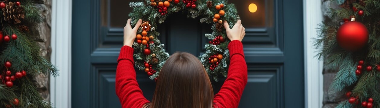 Person hanging a wreath on front door