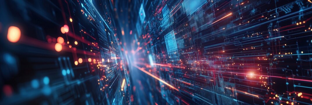 Futuristic digital data stream with dynamic light trails and circuit patterns