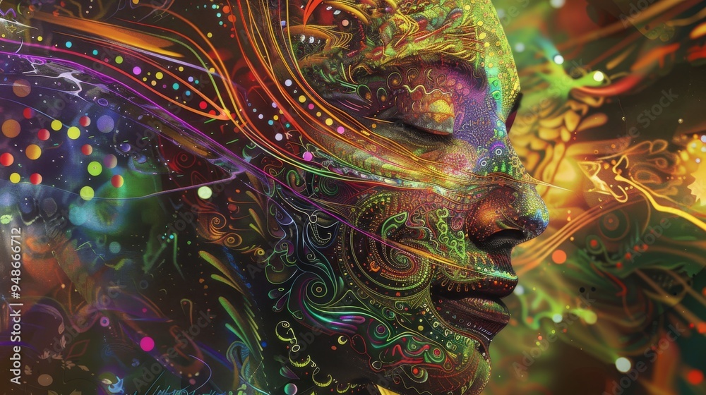 Poster Abstract portrait with intricate colorful patterns and vibrant hues.