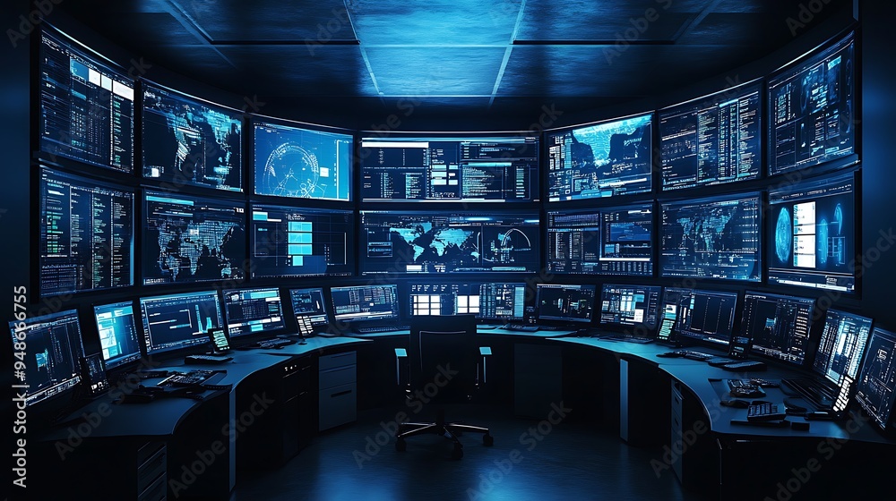 Poster high-tech cybersecurity control room with real-time data protection and encryption systems, secure a