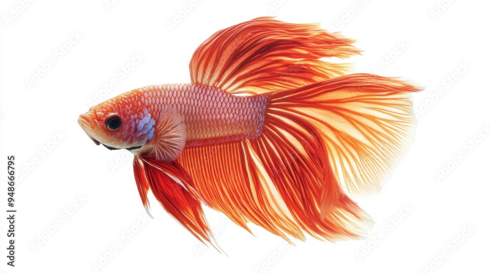 Poster a panoramic view of a betta fish with flowing fins, swimming calmly against a white backdrop, captur