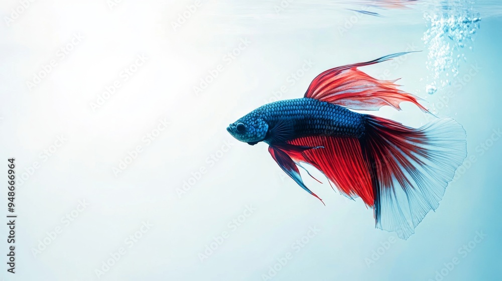 Poster a panoramic view of a betta fish with flowing fins, swimming calmly against a white backdrop, captur