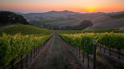 Naklejka premium 106. **A view of a vineyard with rolling hills and a sunset in the background.
