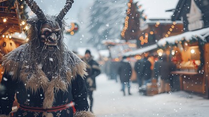 Type: full shot, , Subject: Krampus in traditional Alpine attire, surrounded by festive Christmas market elements, Environment: traditional Alpine village with rustic wooden