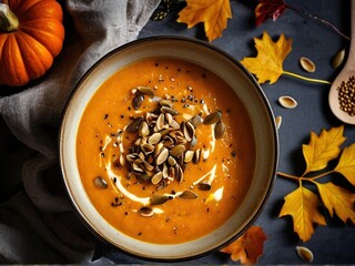 Creamy pumpkin soup with pumpkin seeds, black pepper and swirl of cream in a bowl on a dark background with fall leaves, a pumpkin and coriander seeds.
