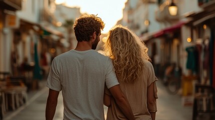 A couple enjoys a peaceful walk down a charming, sunlit street with their backs to the camera, capturing a moment of togetherness and romance in an urban setting.