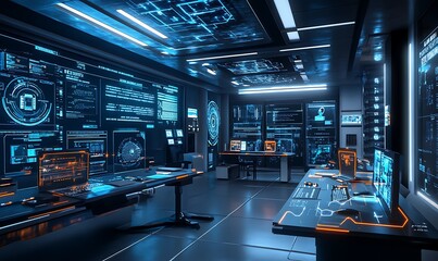 Virtual Classroom for Cybersecurity Education with Interactive Modules and Holographic Displays, High-Tech and Educational Atmosphere, Photo Realistic
