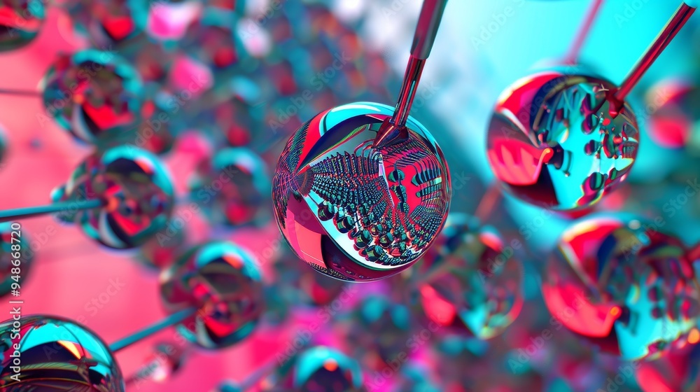 Poster Abstract spheres connected by rods in a vibrant pink and blue pattern.