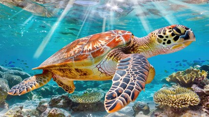 Fototapeta premium A graceful turtle glides through clear ocean waters, surrounded by vibrant coral reefs and a vibrant array of tropical fish