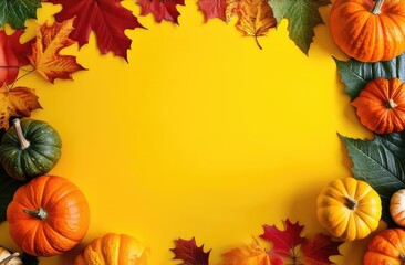 Fototapeta premium composition of pumpkins and autumn leaves with copy space on yellow background. harvest concept