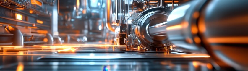 Fototapeta premium Futuristic industrial machinery with glowing lights and intricate components. High-tech factory interior showcasing advanced technology and engineering.