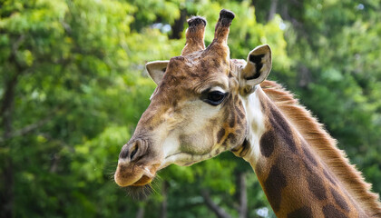Obraz premium Giraffe face portrait, green trees on backdrop. Wild African animal. Safari park. Zoo concept.
