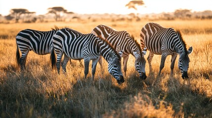 Fototapeta premium Majestic Zebras Grazing in Golden Savanna at Sunset