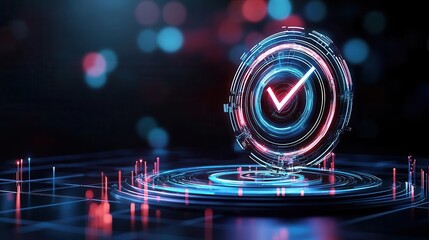 Digital checkmark symbol in neon glow on dark background.