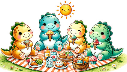 group of chubby baby dinosaurs sitting on a picnic blanket