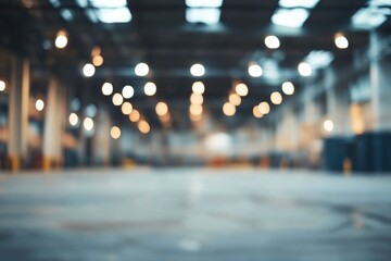 Blur background of spacious industrial warehouse interior with high ceilings and lighting. Interior design of factory.  with generative ai