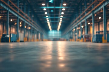 Fototapeta premium Blur background of spacious industrial warehouse interior with high ceilings and lighting. Interior design of factory. with generative ai