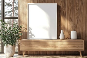 Poster Frame Mockup on Wooden Interior Background created with Generative AI