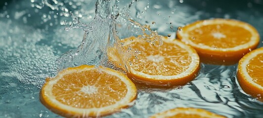 Super slow motion shot of fresh orange slices followed by the camera splashing into the water at 1000 frames per second.