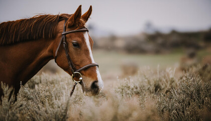 Close-up photo of horse in field. Farm or wild animal portrait. Zoo concept.