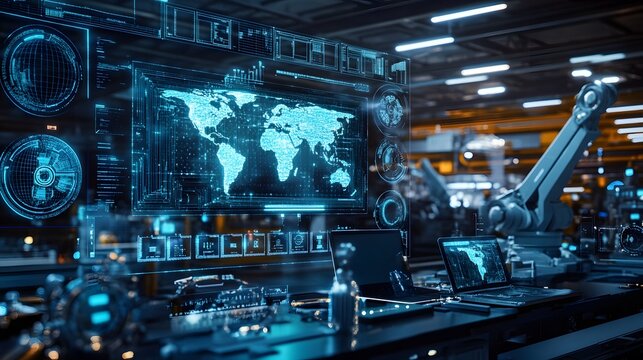 Futuristic Factory with Robotic Arm and Digital World Map in High-Tech Control Room