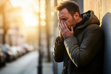 Man in jacket stands by wall with sunlight shining