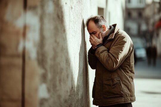 Person in brown jacket rests head on wall outside