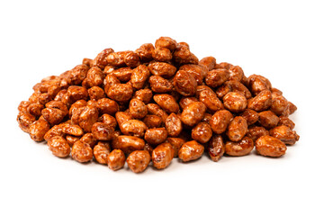 Tasty sweet roasted peanuts isolated on a white background.