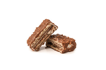 Chocolate coconut wafer bar isolated on white background.