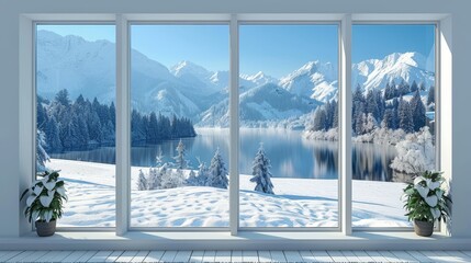 Stylish living room interior with glass window view of snowy mountains and a tranquil forest lake