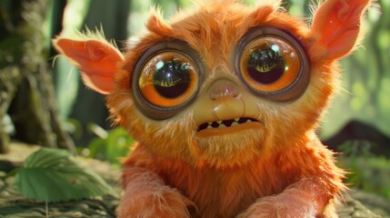 Obraz premium Hyper-realistic 3D cute monster with large expressive eyes and fluffy fur or scales, posed playfully against an enchanted forest backdrop.