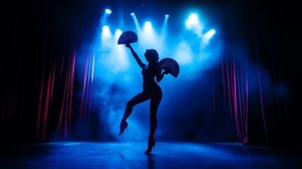 color photo of a silohuette of a female cabaret dancer in rhinestoned high heels and holding fans
