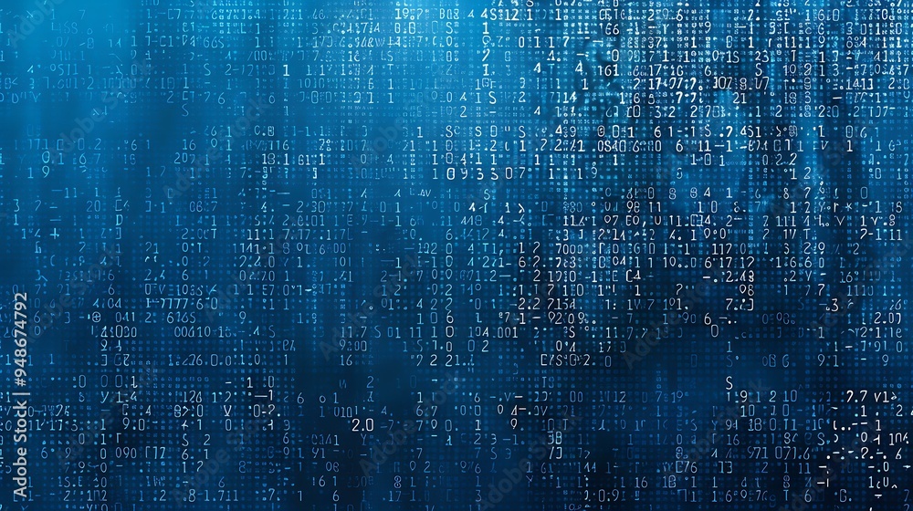 Poster a detailed graphic of random ascii characters layered over a gradient blue background, with varying 