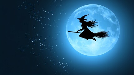 witch riding a broom flying durring a full moon