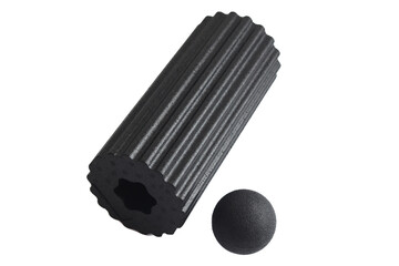 A black massage foam roller and ball for trigger points isolated on a white background. Close-up. Foam rolling is a self myofascial release technique. Concept of fitness equipment.