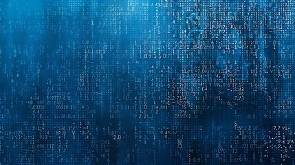 A detailed graphic of random ASCII characters layered over a gradient blue background, with varying font sizes and opacities, generating a sense of depth and complexity within the composition