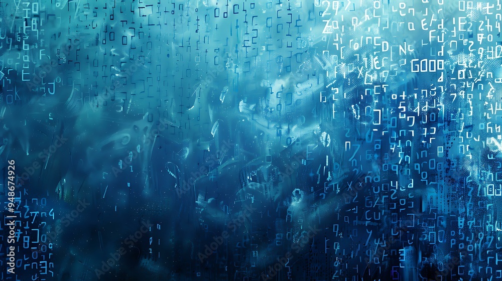 Poster a detailed graphic of random ascii characters layered over a gradient blue background, with varying 