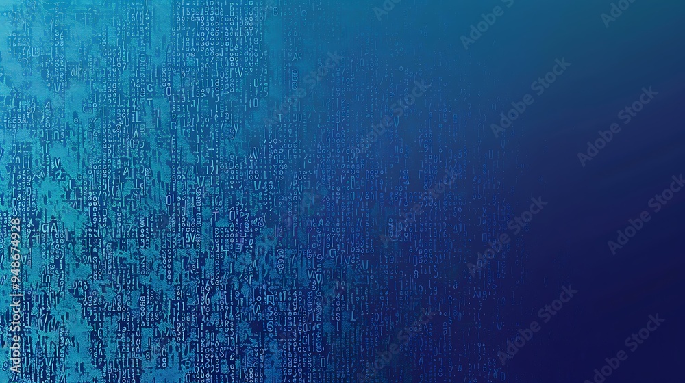 Poster a detailed graphic of random ascii characters layered over a gradient blue background, with varying 