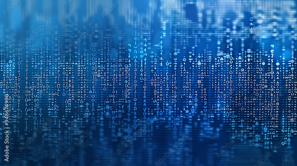 Poster a detailed graphic of random ascii characters layered over a gradient blue background, with varying 