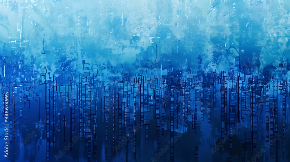 Poster A detailed graphic of random ASCII characters layered over a gradient blue background, with varying font sizes and opacities, generating a sense of depth and complexity within the composition