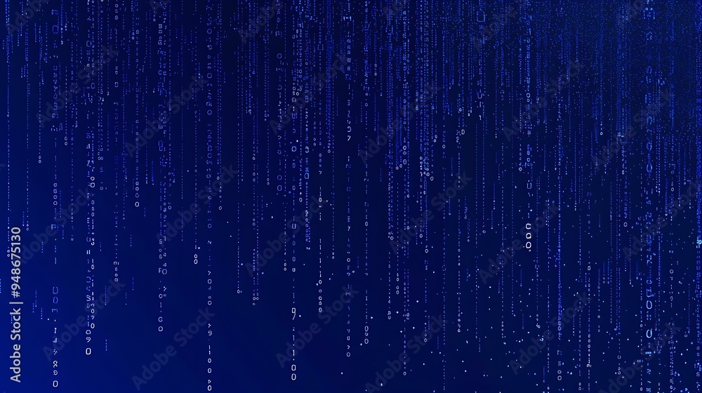 Poster an ascii art inspired design with an assortment of random symbols cascading across a rich blue backg