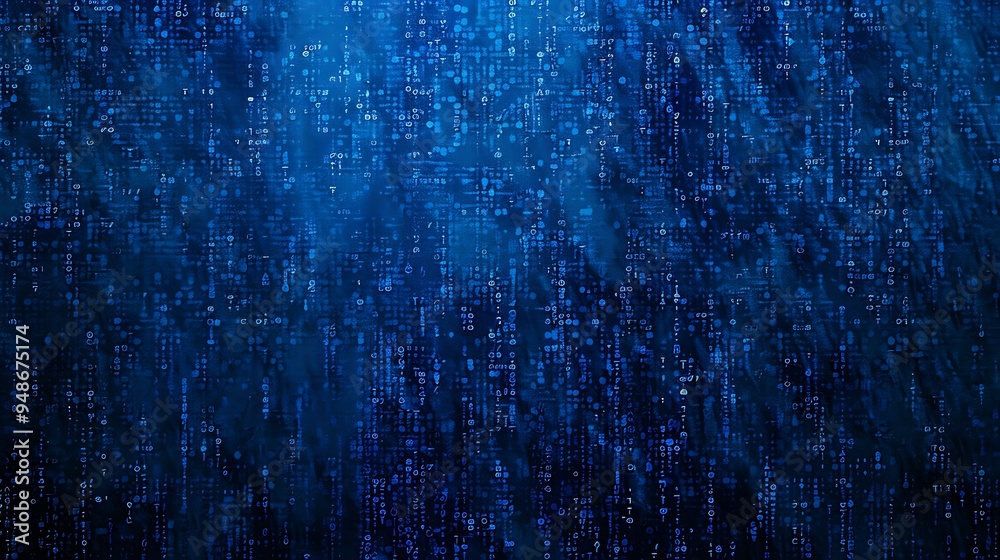 Poster an ascii art inspired design with an assortment of random symbols cascading across a rich blue backg