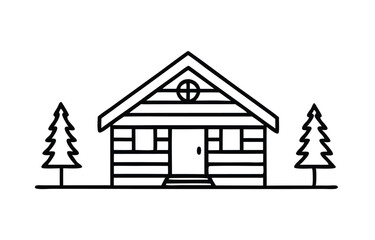 Outline vector illustration of wooden cabins with a tree in the forest, rustic and nature-themed art.