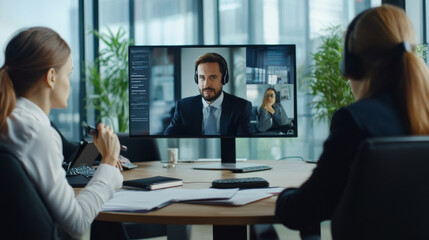 Fototapeta premium Three people are sitting at a table with a computer monitor in front of them