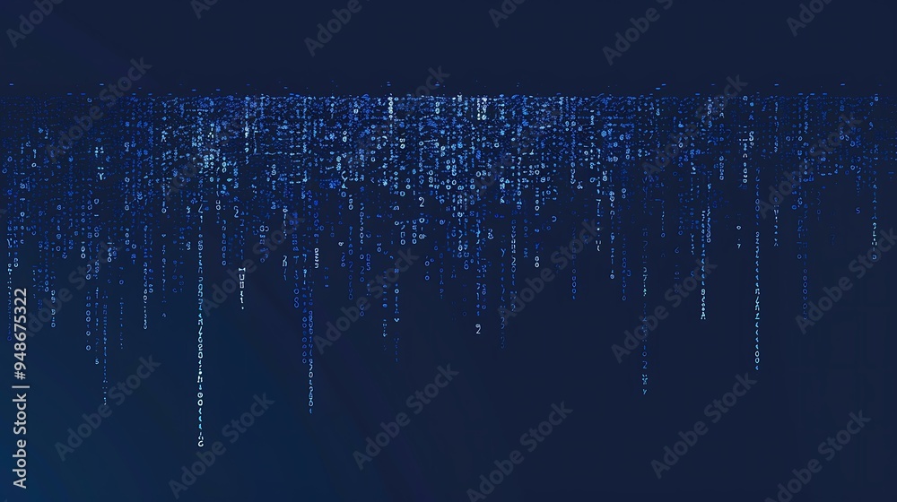 Poster an ascii art inspired design with an assortment of random symbols cascading across a rich blue backg