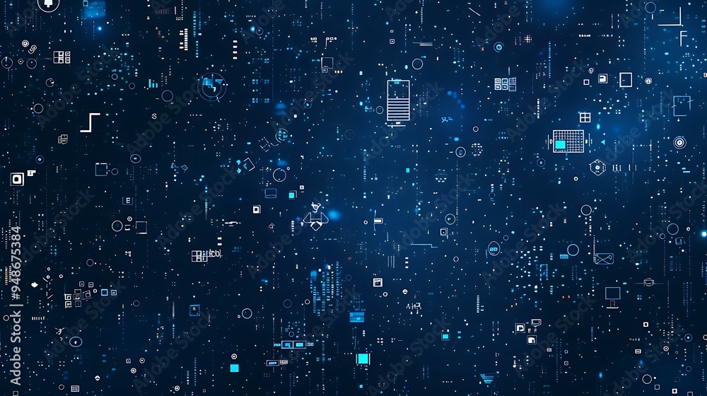 Poster An ASCII art style illustration featuring a random array of symbols and characters scattered across a deep blue background, creating a digital mosaic effect with varying densities and patterns